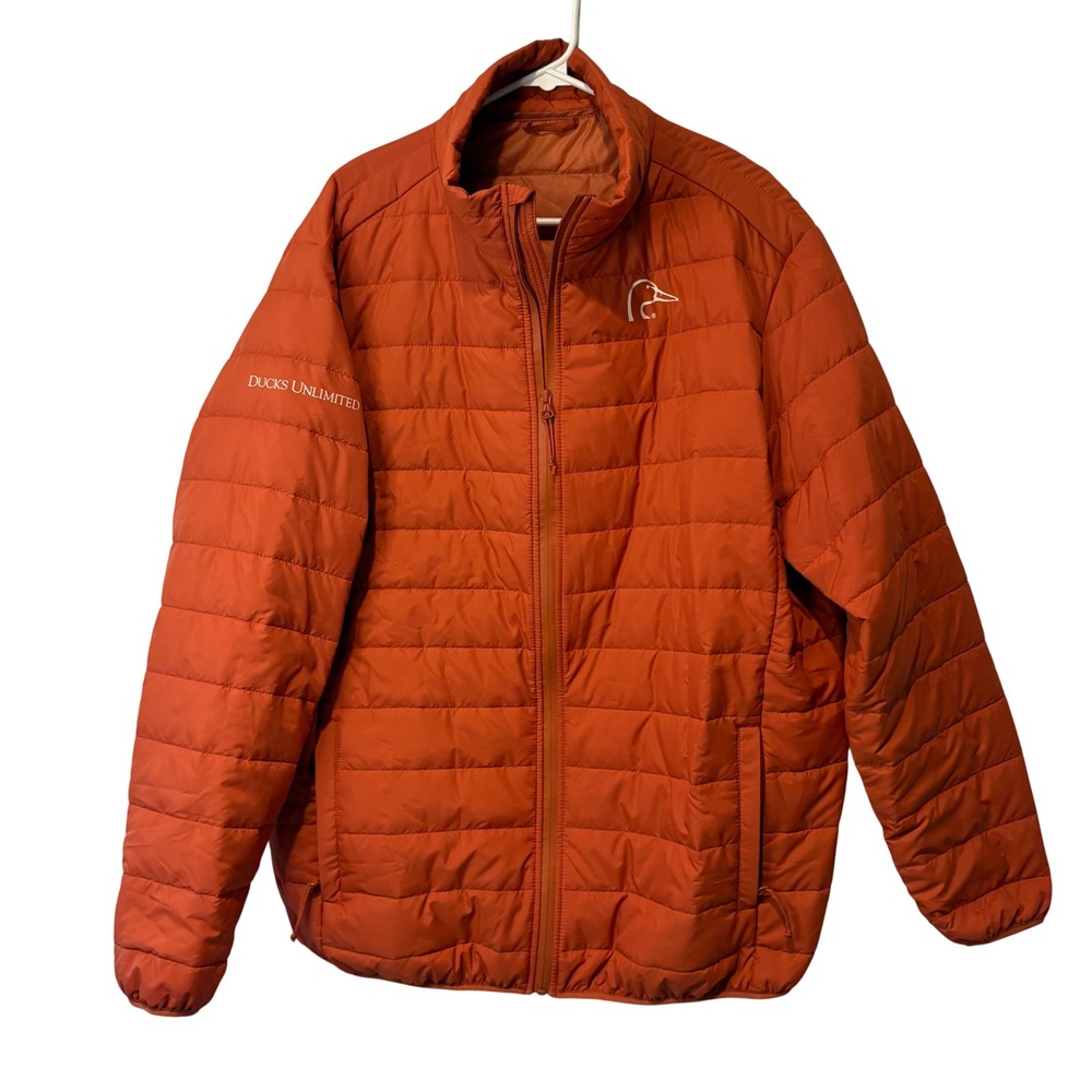 Ducks Unlimited Puffer Jacket Men 2XL Orange Quilted Full Zip Lightweight Gorp